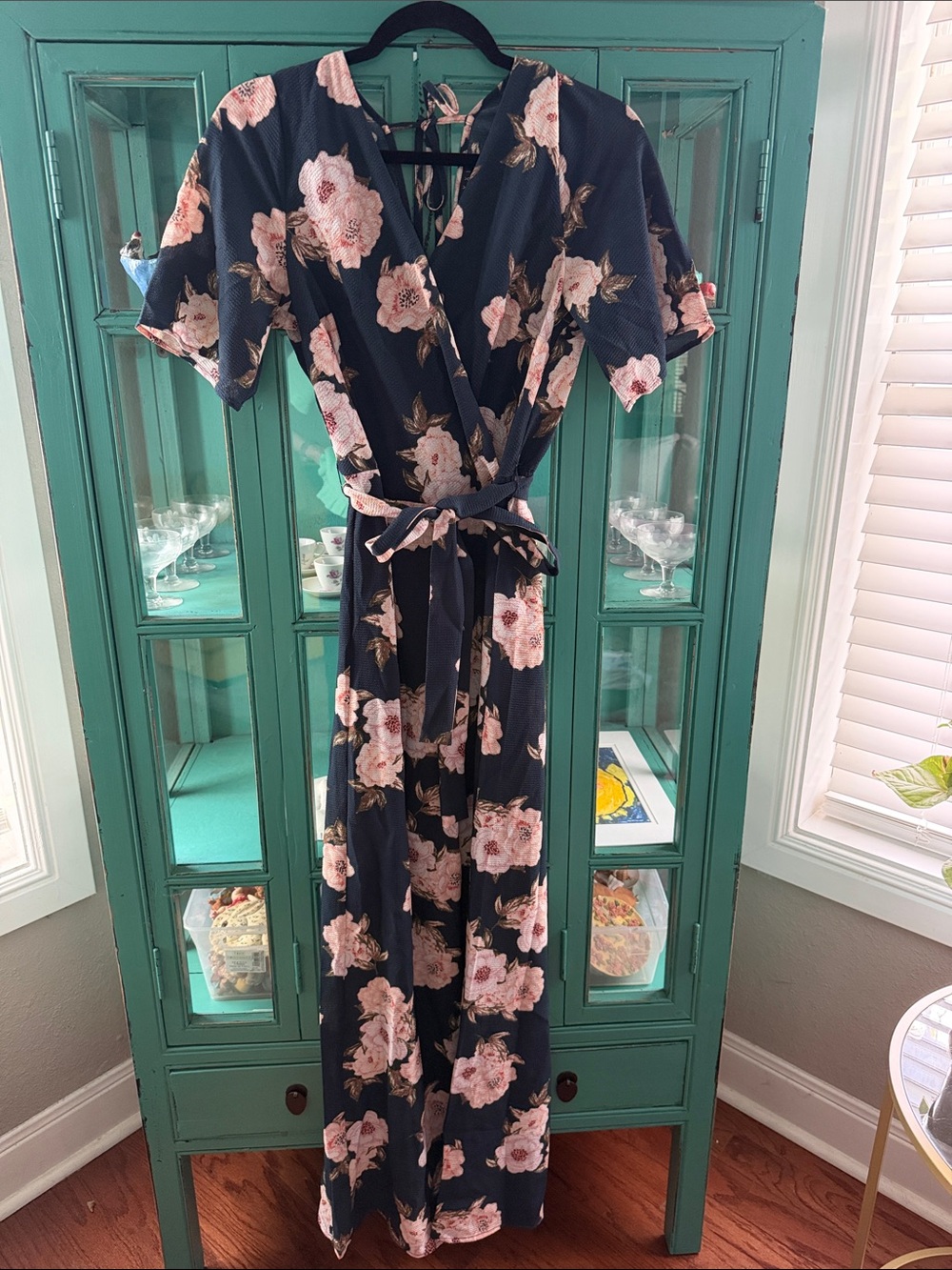Navy Floral Wrap Jumpsuit with Pink Roses EUC